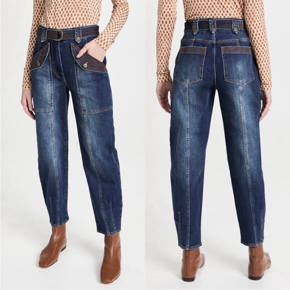 Ulla Johnson Denim - Ulla Johnson Waverly Jeans Size 6 Cotton Belted Dark Wash Blue Embroidered